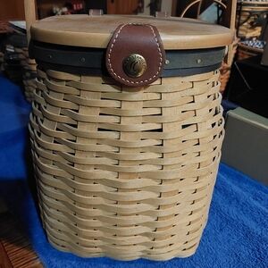 Longaberger Tan Woven Basket with Brown Leather Detail